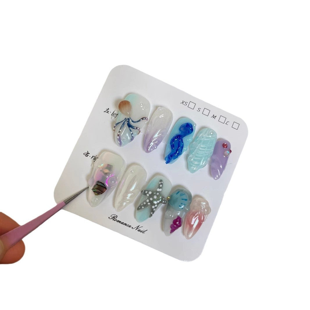 Hand-painted Happy Underwater World White Advanced Long Manicure