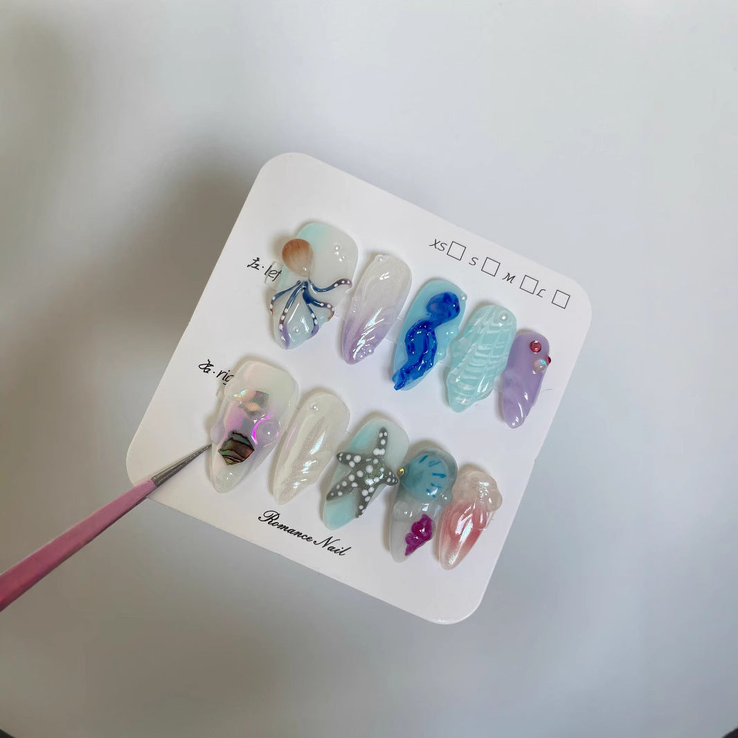 Hand-painted Happy Underwater World White Advanced Long Manicure
