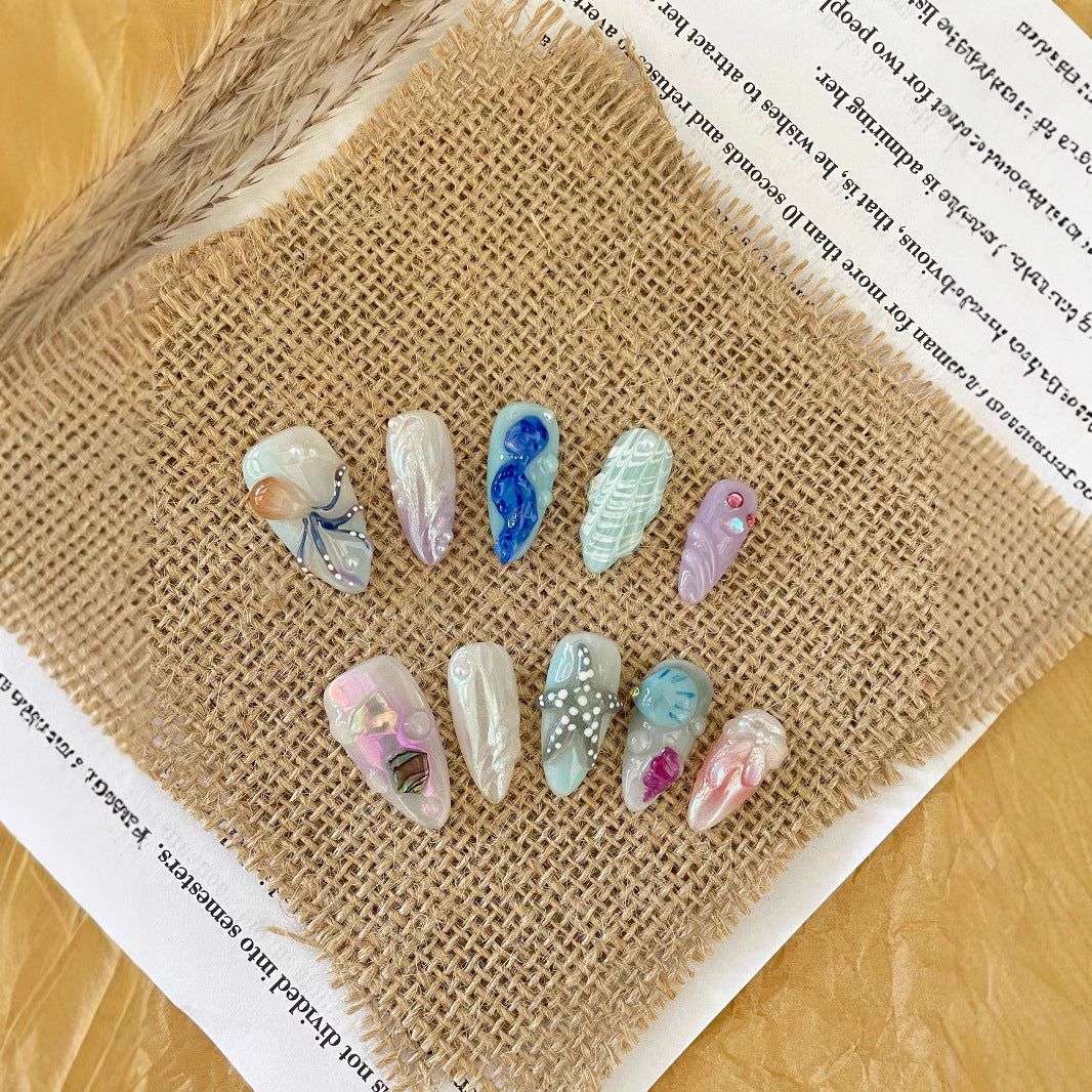 Hand-painted Happy Underwater World White Advanced Long Manicure